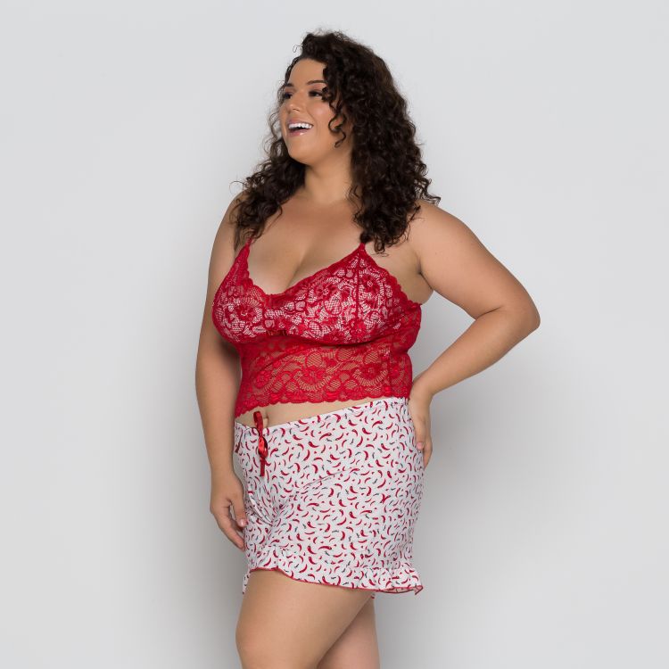 Baby Doll Cropped Plus Size Estampado Liganete e Renda